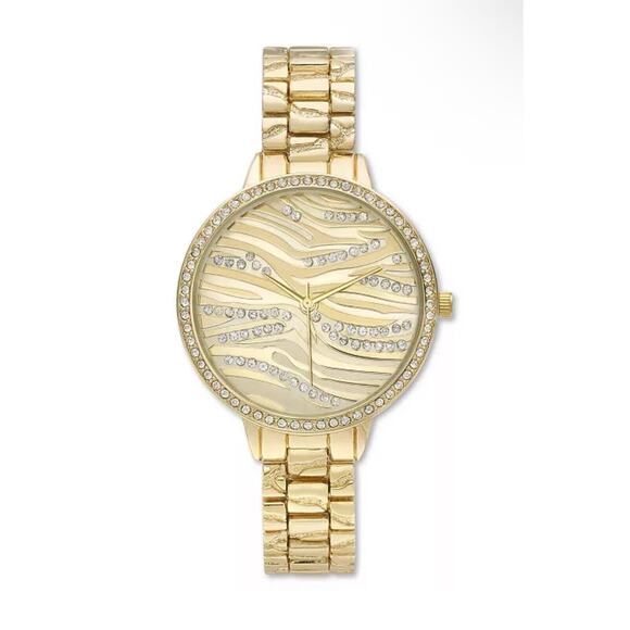 Gold Tone Textured Style Crystal Bezel Bracelet Watch Women\'s Trendy Fashion NEW main image 5